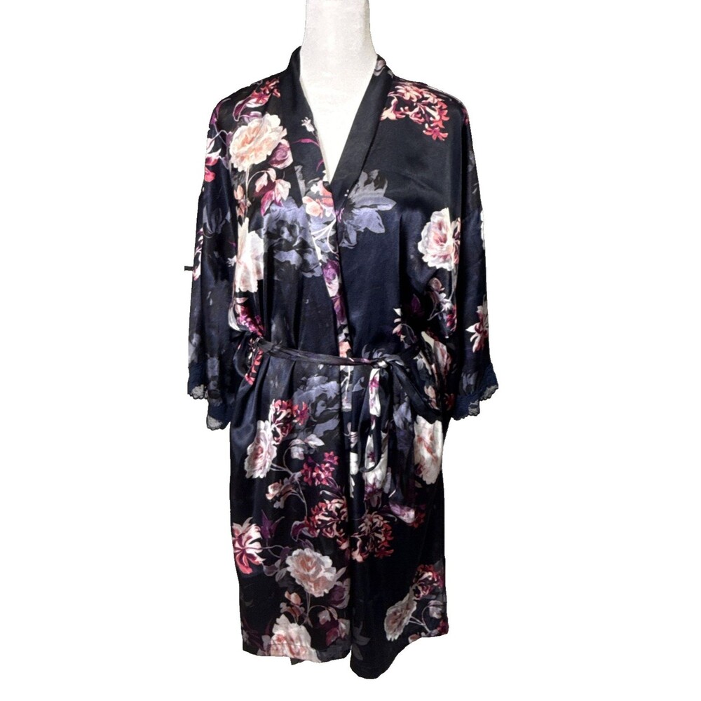 Lilac & London Navy/Multi-Floral 3/4 Sleeve Tie Belt Robe Sz LG Moody Romantic